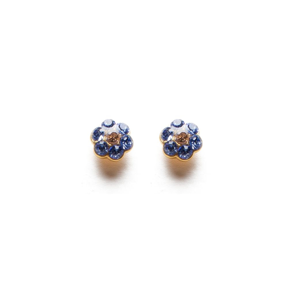 A pair of small, round, flower-shaped earrings with a gold and blue color scheme, encrusted with crystals.