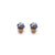 A pair of small, round, flower-shaped earrings with a gold and blue color scheme, encrusted with crystals.