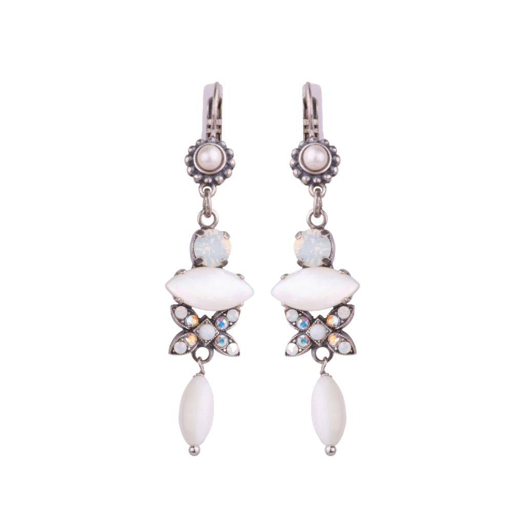 Marquise Long Dangle Leverback Earrings in "Seashell" - Antique Silver