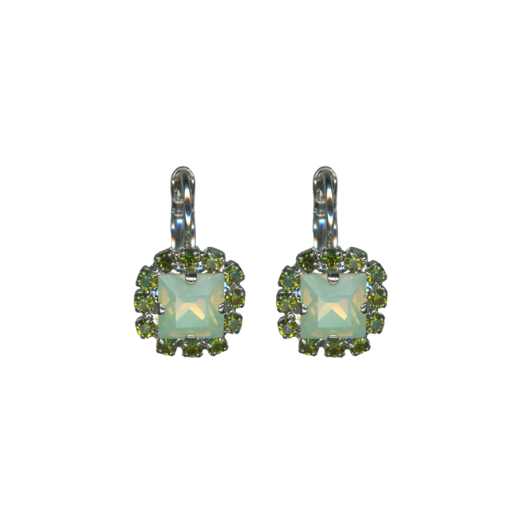 Square Halo Leverback Earrings in "Evergreen" - Rhodium