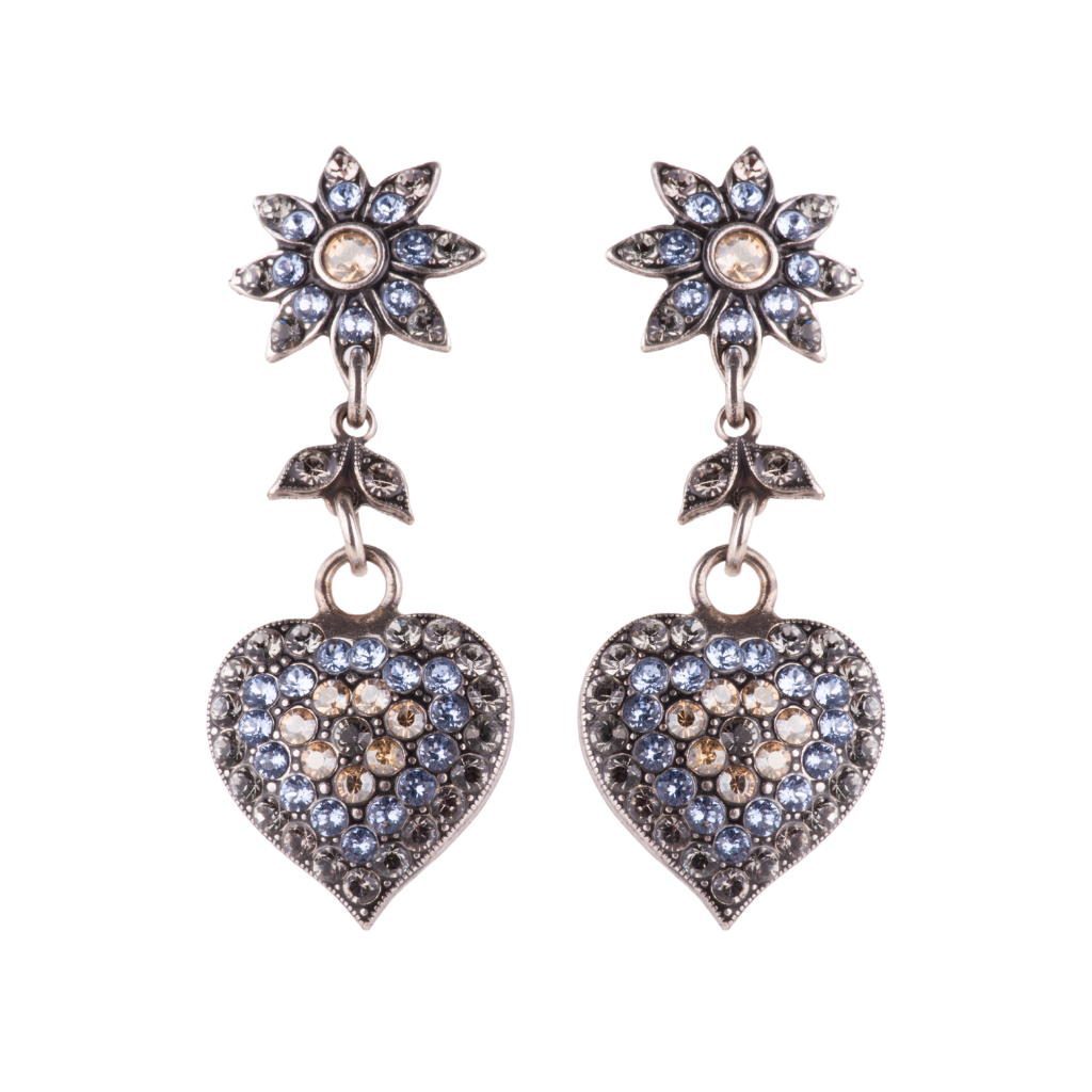 Flower and Heart Dangle Leverback Earrings in "Morning Mist" - Antique Silver