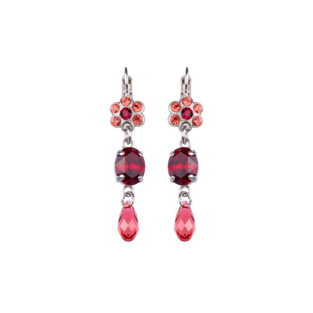 Large Flower with Oval Dangle Leverback Earrings in "Firefly" - Rhodium