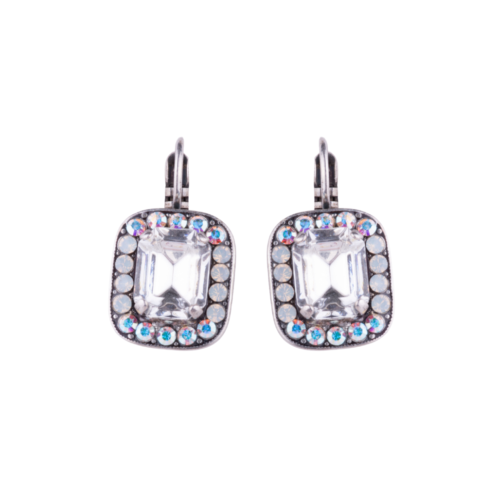 Emerald Cut Halo Leverback Earrings in  "On a Clear Day" - Antique Silver