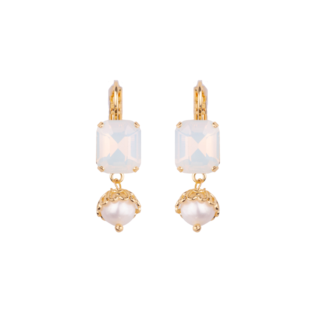 Small Emerald Earrings With Elegant Dangle in "White Opal" - Yellow Gold