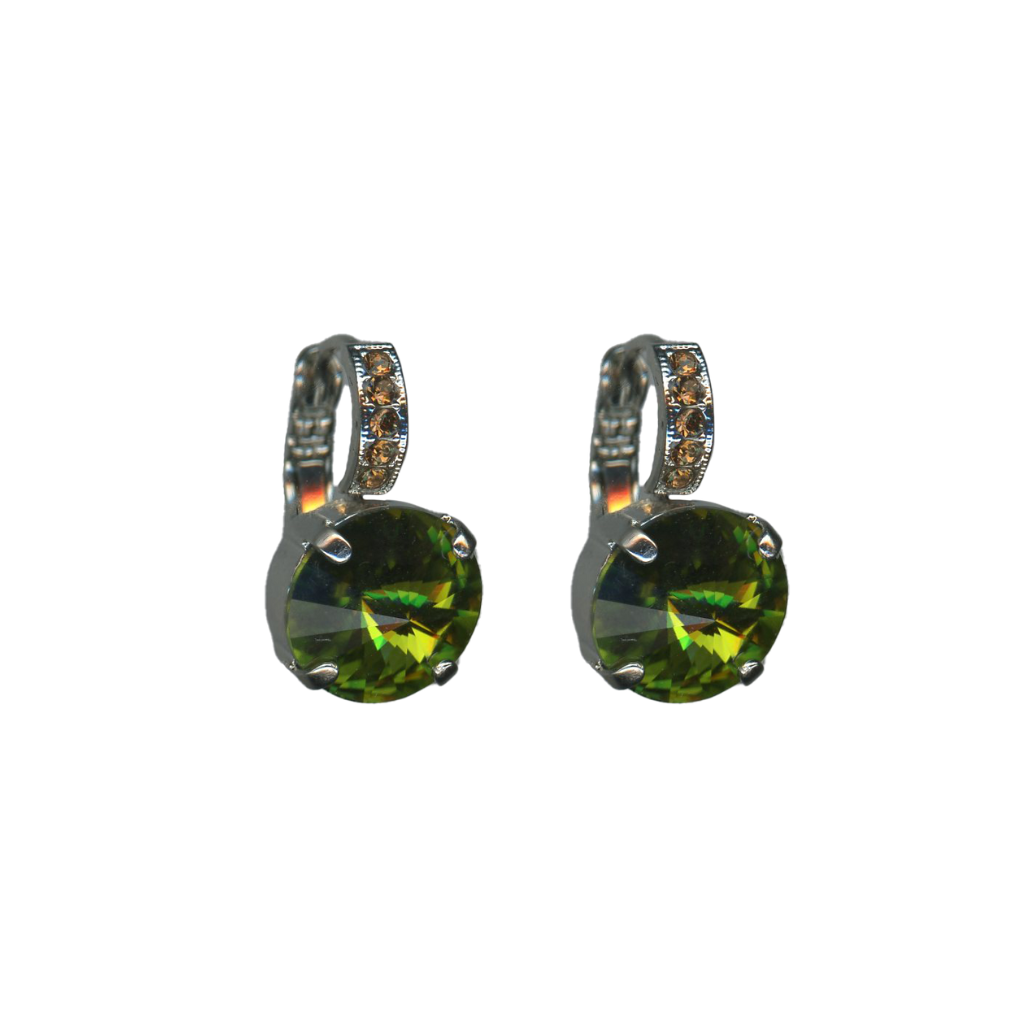 Large Embellished Single Leverback Earrings in "Evergreen" - Rhodium