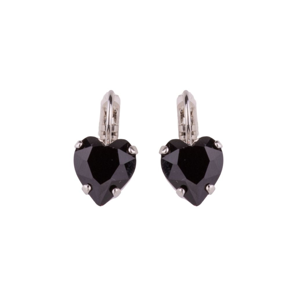 Heart Leverback Earrings in "Jet" - Rhodium