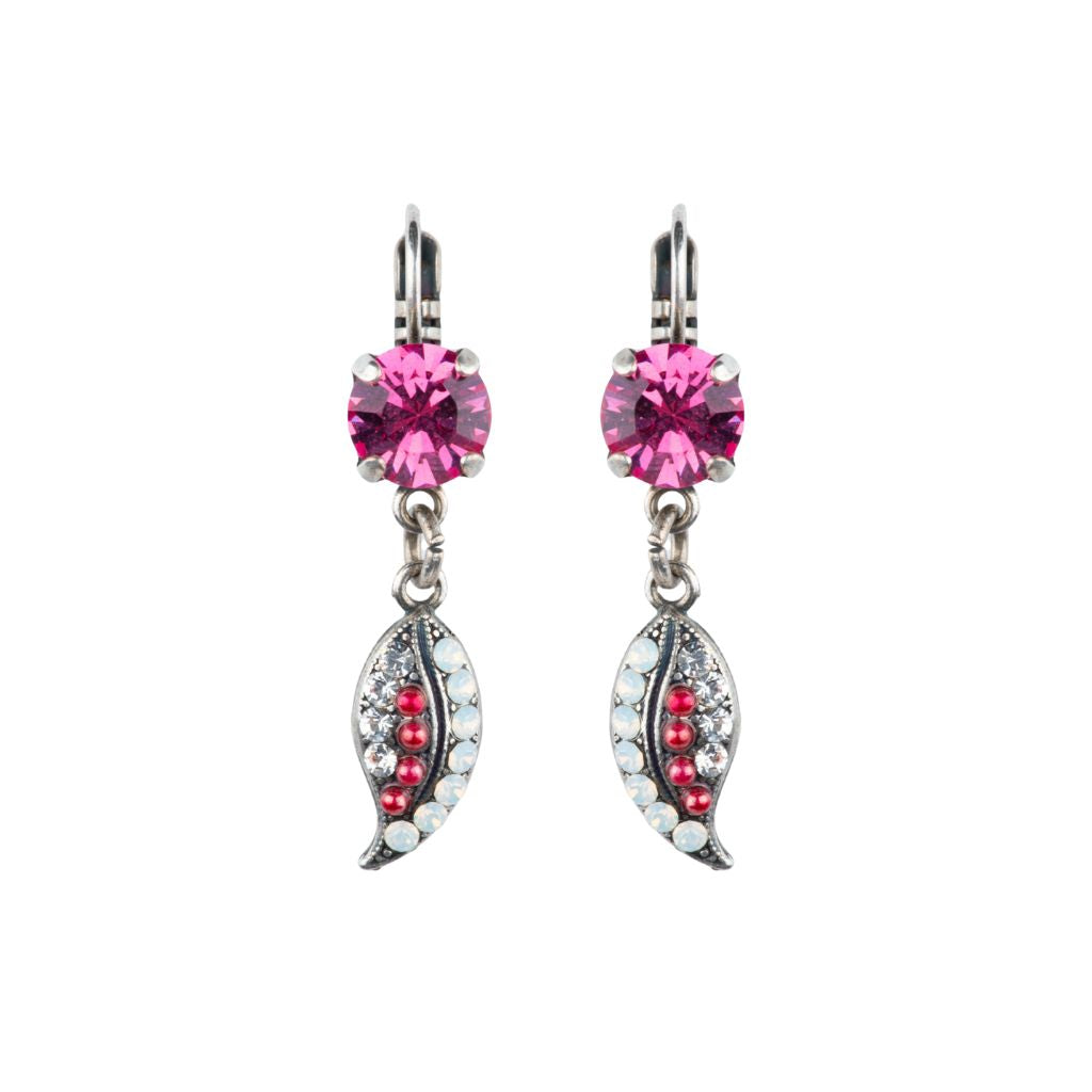 Medium Stone with Leaf Dangle Earrings in "Cherry Blossom" - Antique Silver