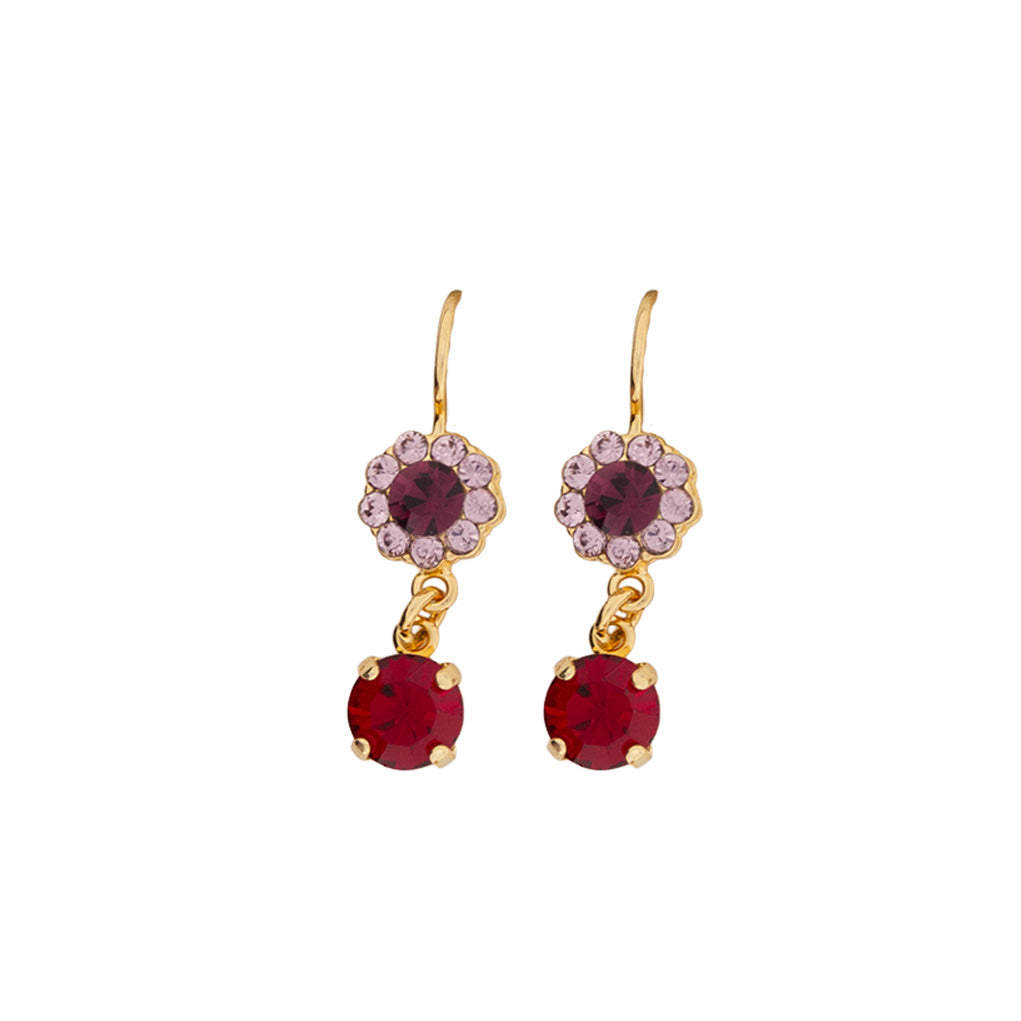 Medium Flower Leverback Earrings With Drop in "Cranberry Crush" - Yellow Gold