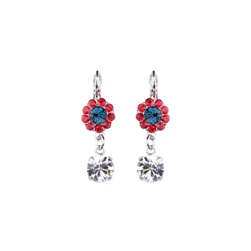 Medium Flower Leverback Earrings With Drop in "Americana" - Rhodium