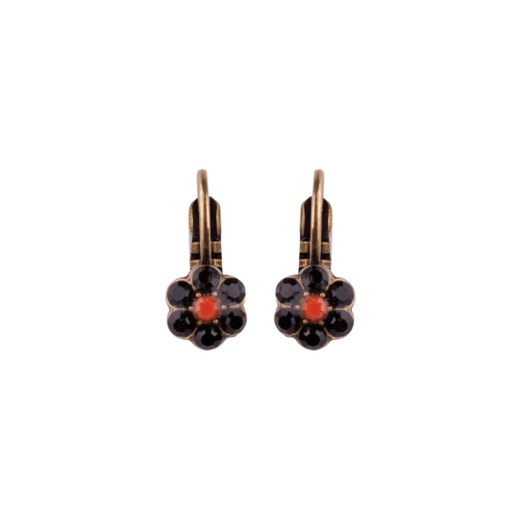 Petite Flower Earrings in "Jet Black Coral" - Antique Gold