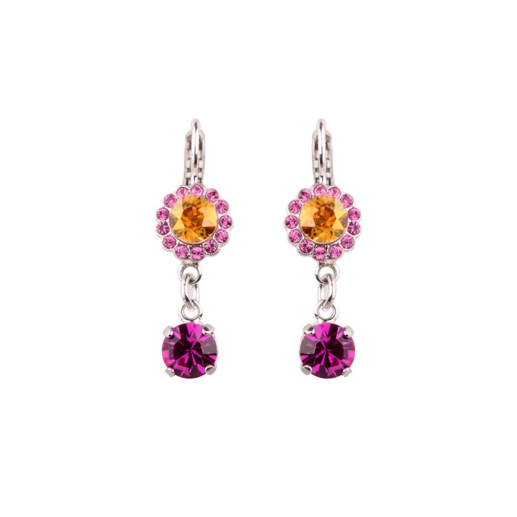 Medium Rosette Leverback Earrings With Drop in "Bougainvillea" - Rhodium