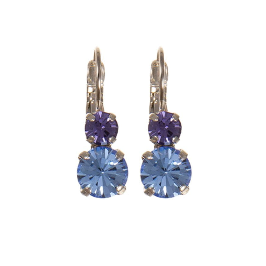 Pair of earrings with blue and purple crystals on a white background