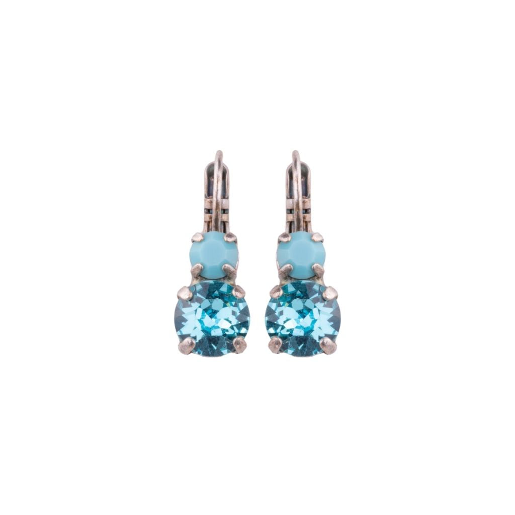 Medium Double Stone Leverback Earrings in "Aquamarine" - Antique Silver