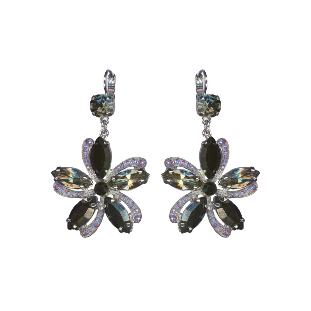 Large Embellished Flower Dangle Earrings in "Obsidian Shores" - Rhodium