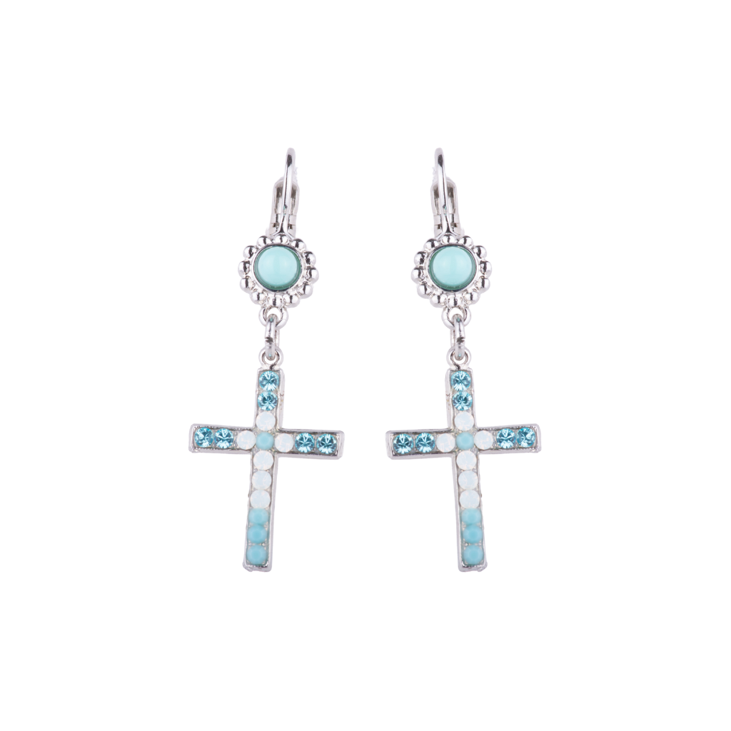 Small Cross Drop Leverback Earrings in "Aegean Coast" - Rhodium