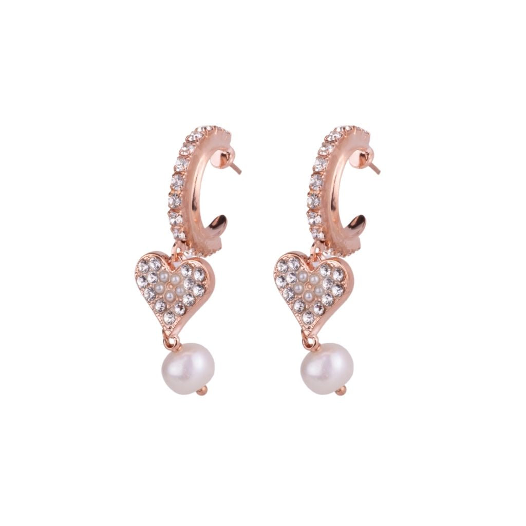 Hoop Earrings with Heart and Pearl Dangle in "Crystal Pearls" - Rose Gold