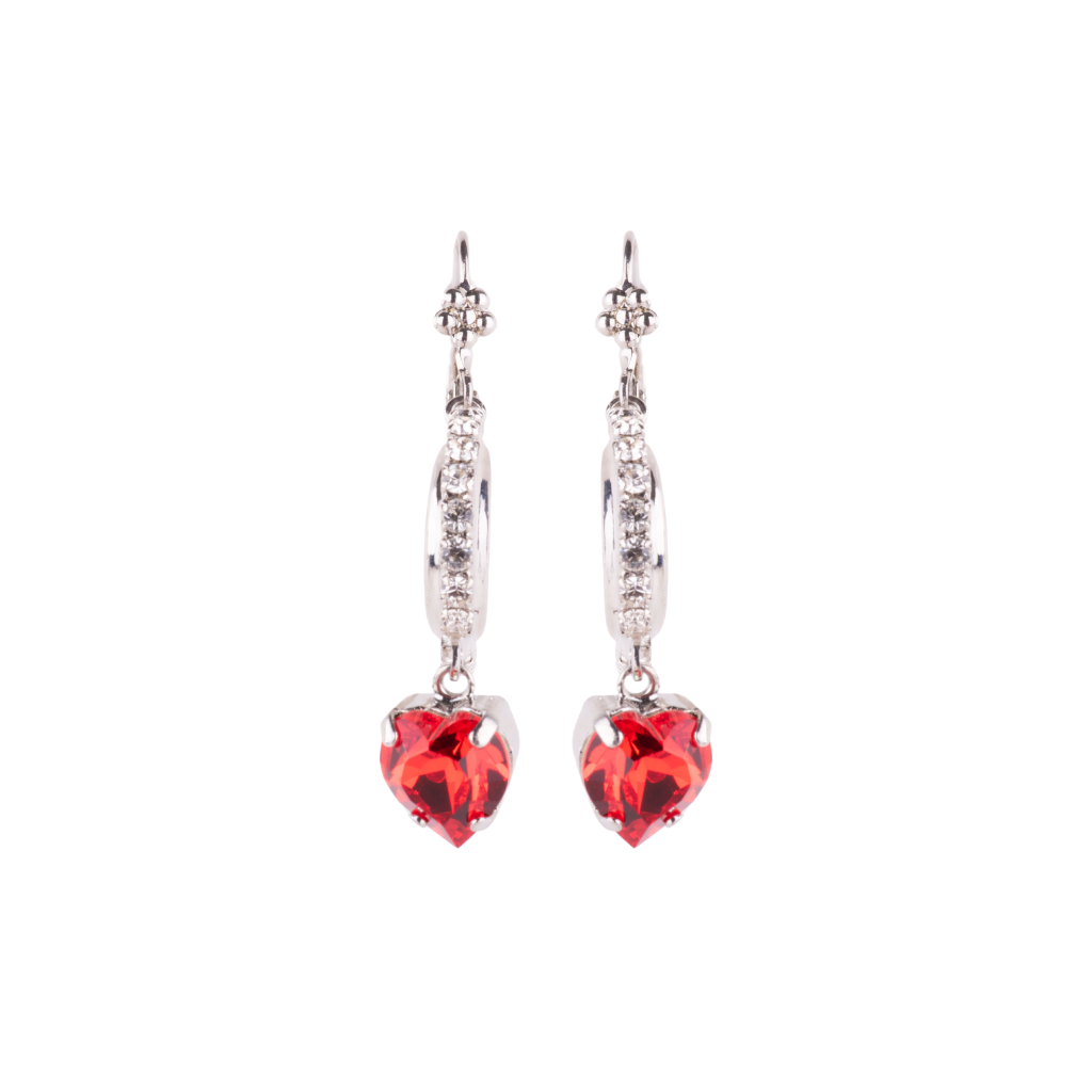 Hoop Earrings with Heart Dangle in "Bonfire" - Rhodium