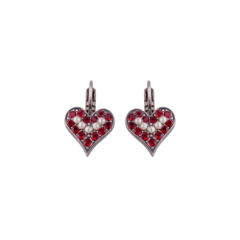 Embellished Heart Leverback Earrings in "Pearl Siam" - Antique Silver