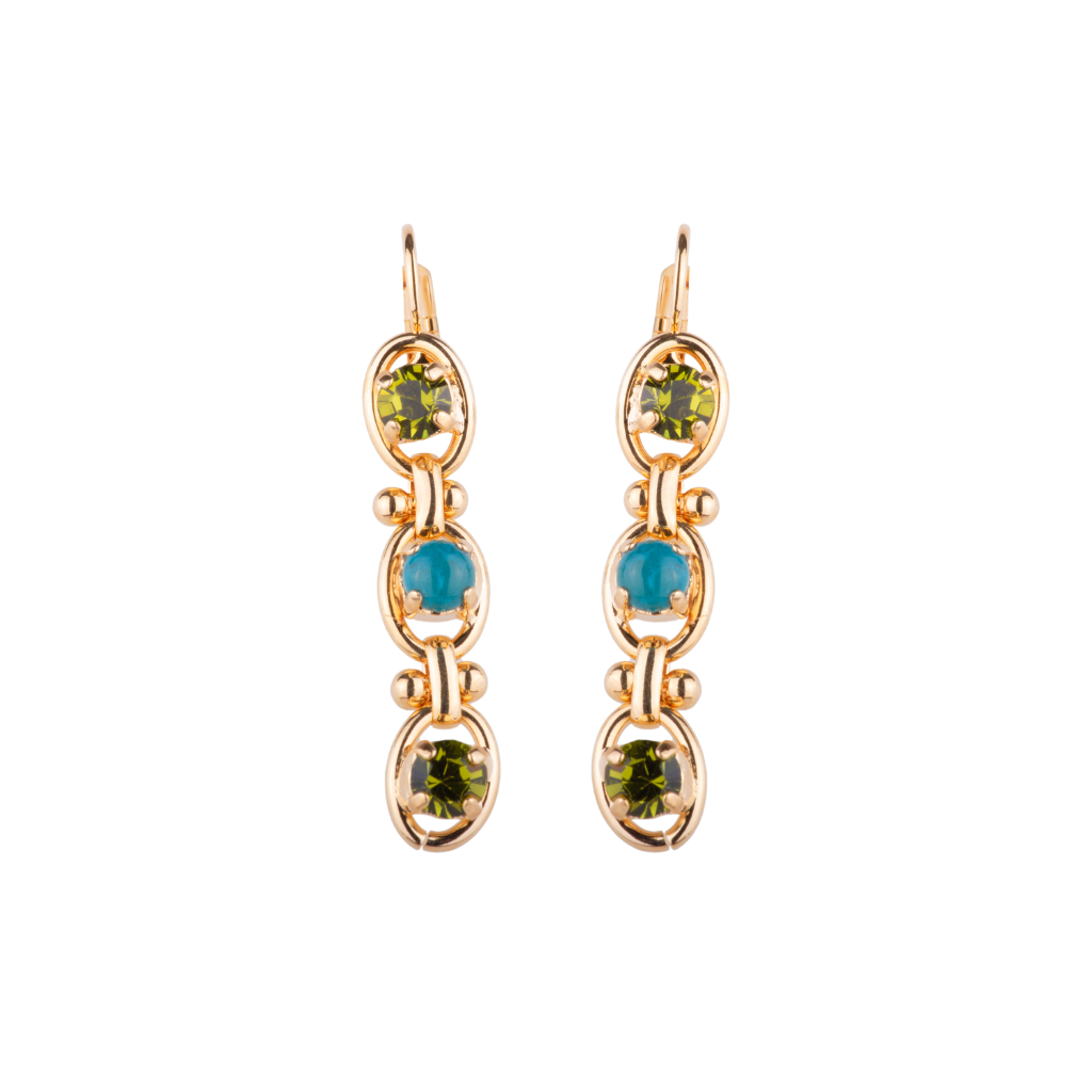 Small Drop Chain Leverback Earrings in "Olivine Malachite" - Yellow Gold