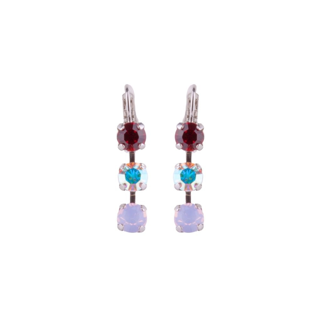 Small Three Stone Leverback Earrings in "True Romance" - Rhodium