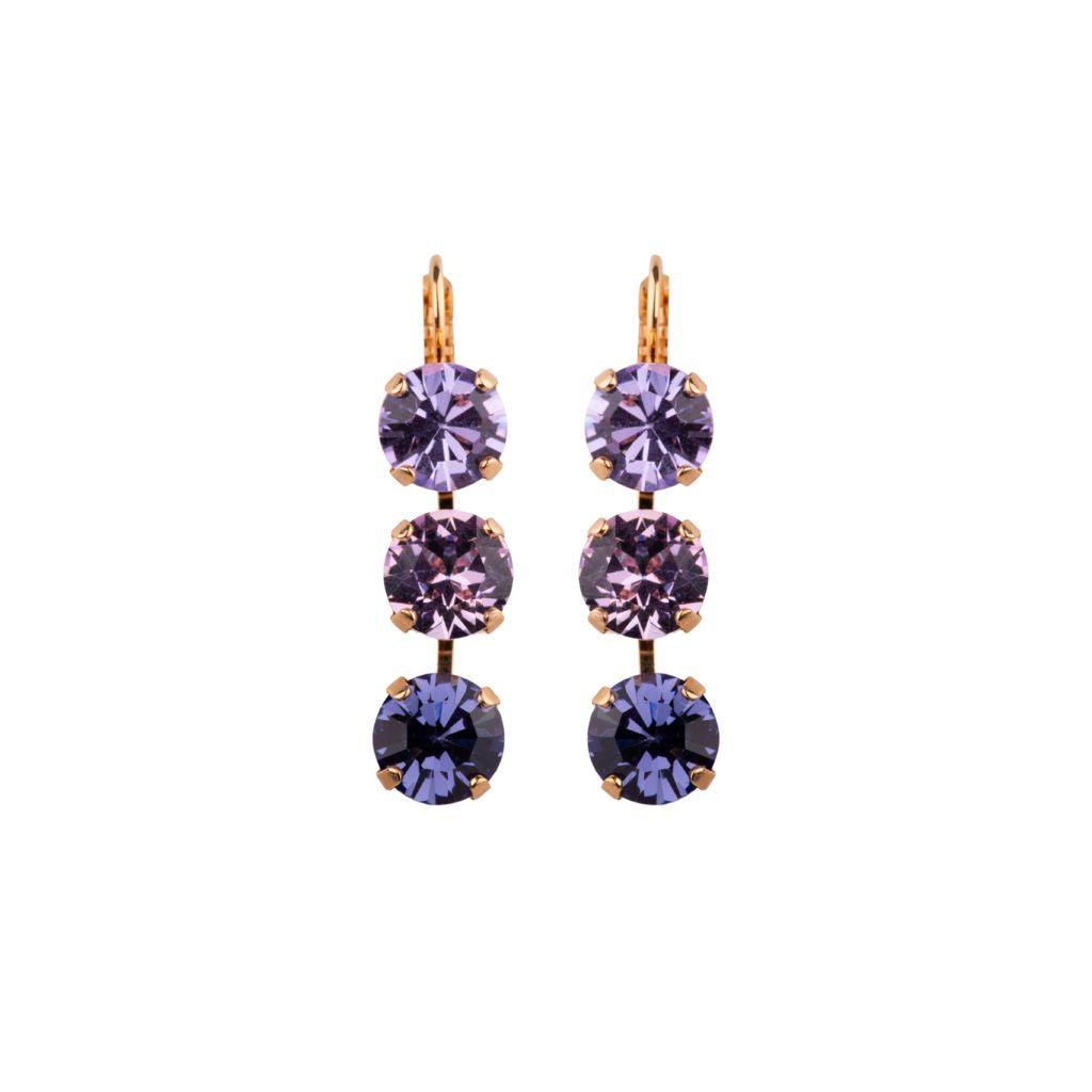 Large Three Stone Leverback Earrings in "Wildberry" - Yellow Gold