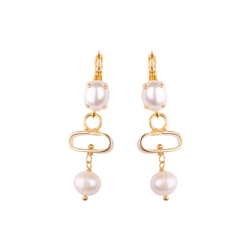 Modern Dangle Oval Earrings in "Pearl" - Yellow Gold