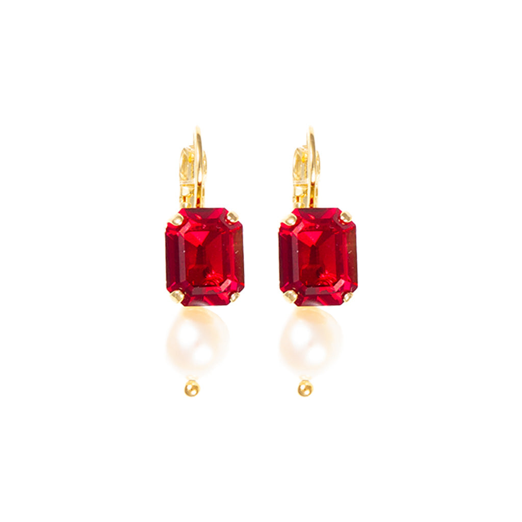 Small Emerald Earrings With Dangle in "Ruby & Pearl" - Yellow Gold
