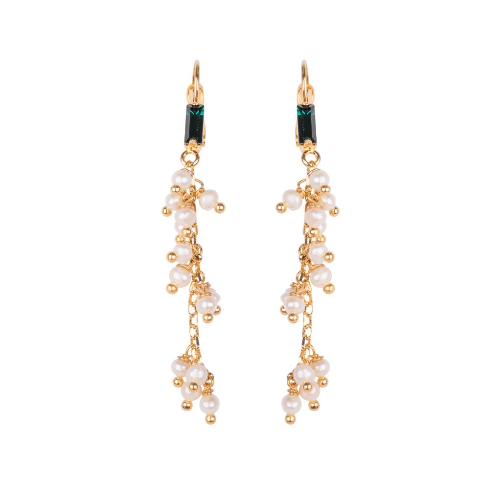 Petite Baguette Earrings with Pearl Dangle in "Emerald and Pearl" - Yellow Gold