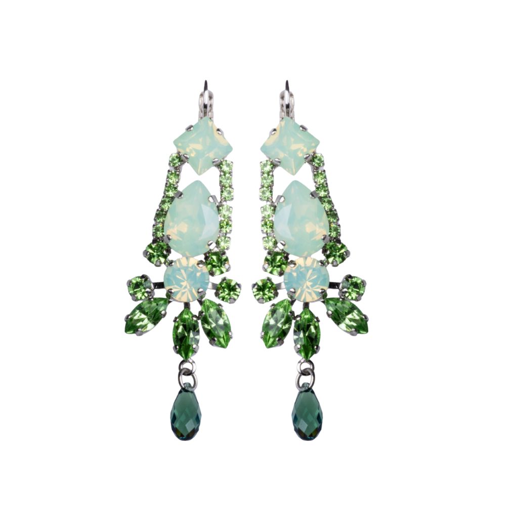 Ornate Mixed Stone Dangle Leverback Earring in "Peridot and Opal" - Rhodium