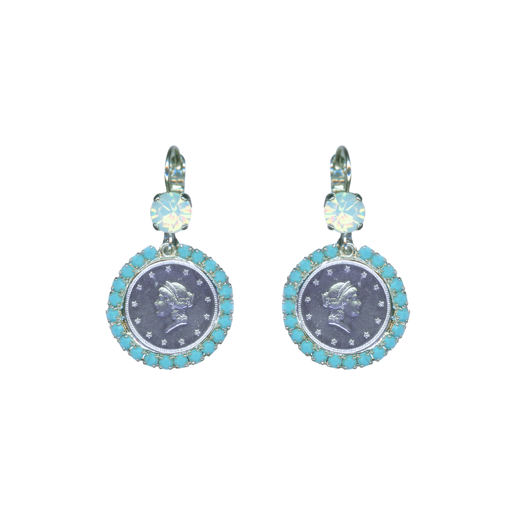 Halo Medallion Drop Leverback Earring in "Aegean Coast" - Rhodium