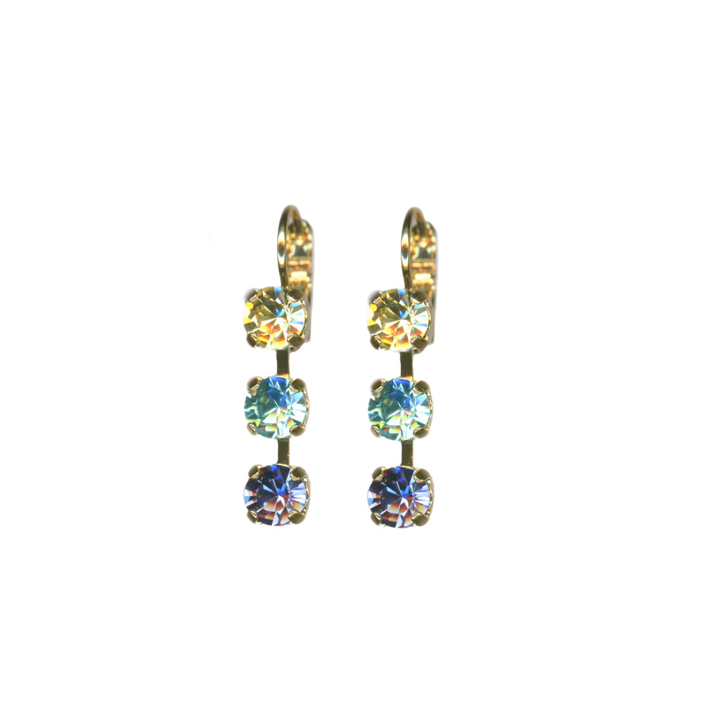 Small Three Stone Leverback Earrings in "Vineyard Veranda" - Yellow Gold