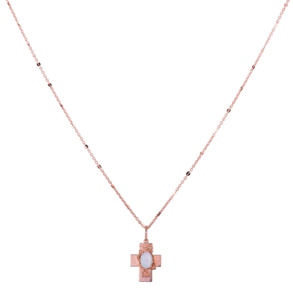 Small Cross Pendant in "White Opal" - Rose Gold