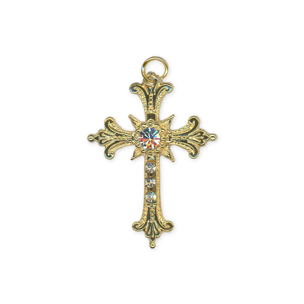 Elegant Crystal Cross Charm in "Clear" - Yellow Gold