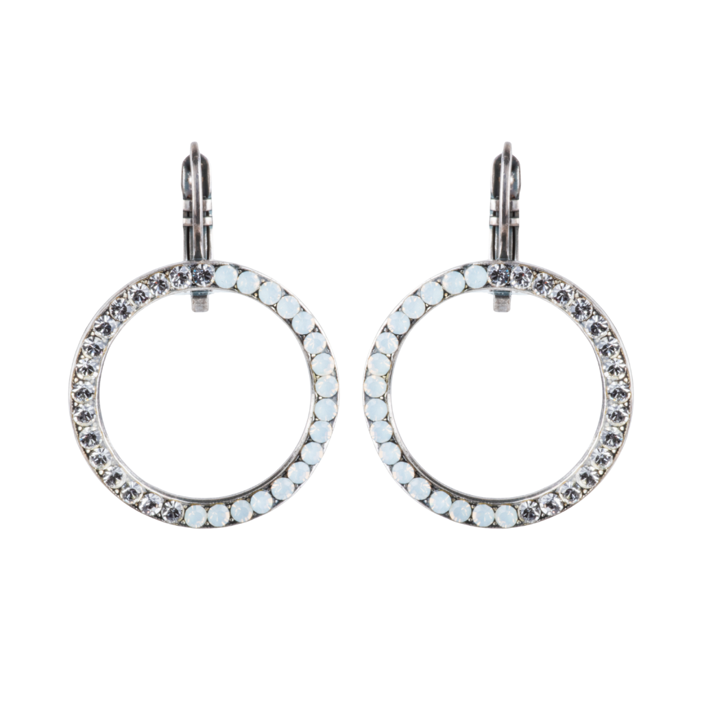 Large Open Circle Leverback Earrings in "Crystal Clear"- Antiqued Silver