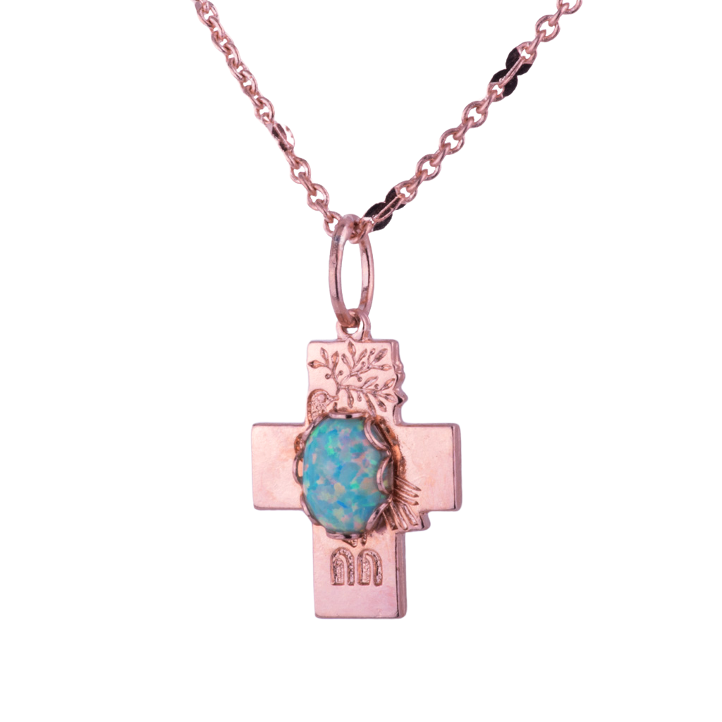 Small Cross Pendant in "Green Simulated Opal" - Rose Gold