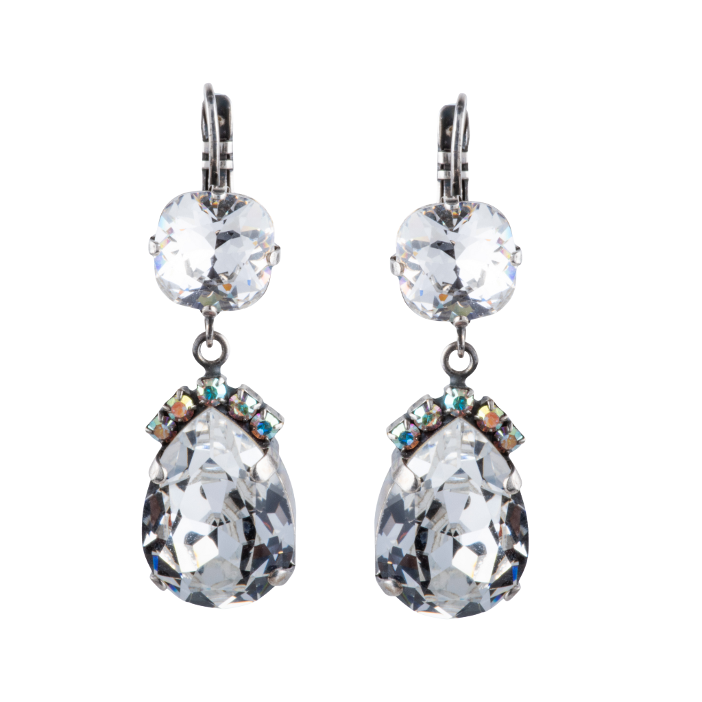 Cushion & Pear Drop Leverback Earrings in "Crystal Clear" -Antiqued Silver
