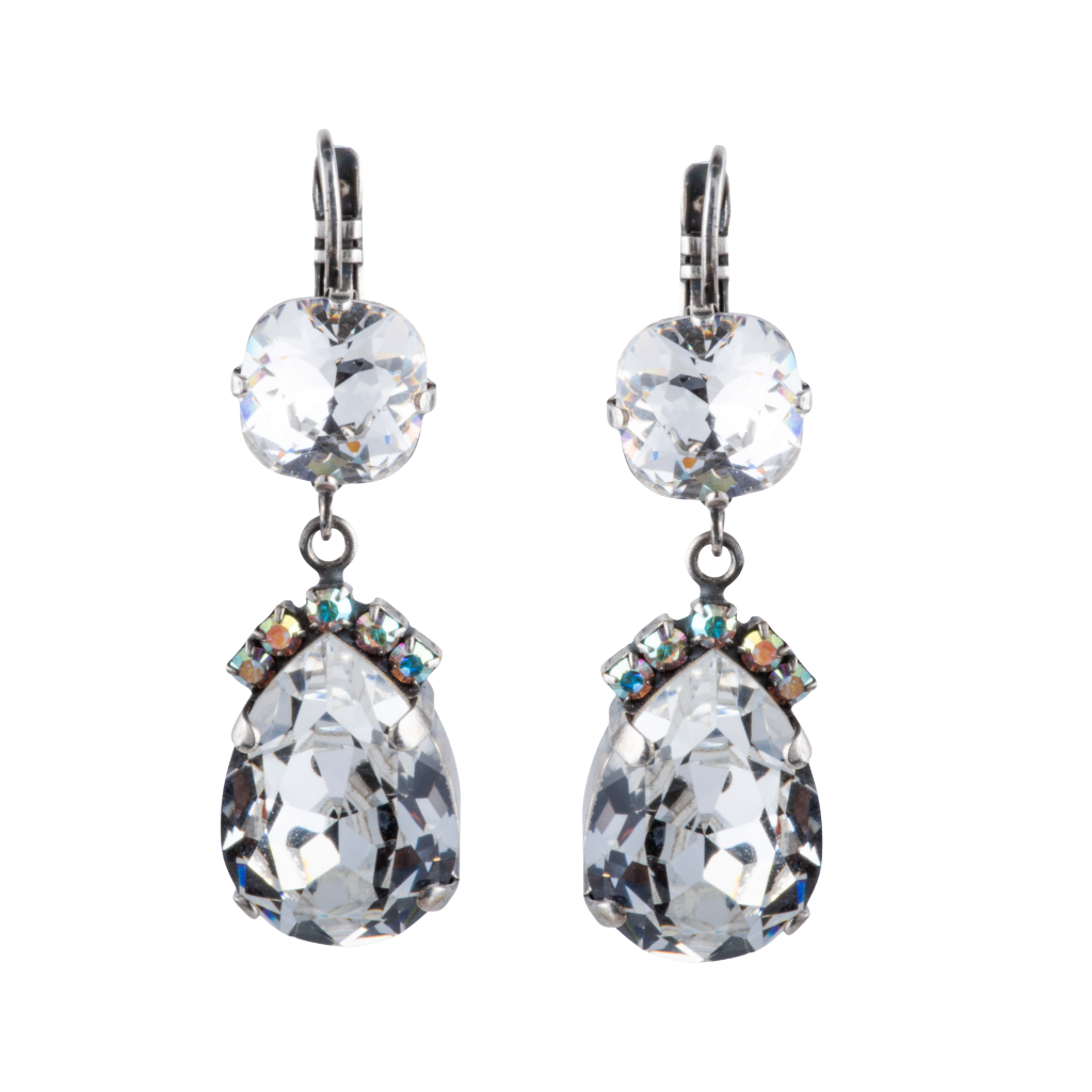 Cushion & Pear Drop Leverback Earrings in "Crystal Clear" - Antiqued Silver