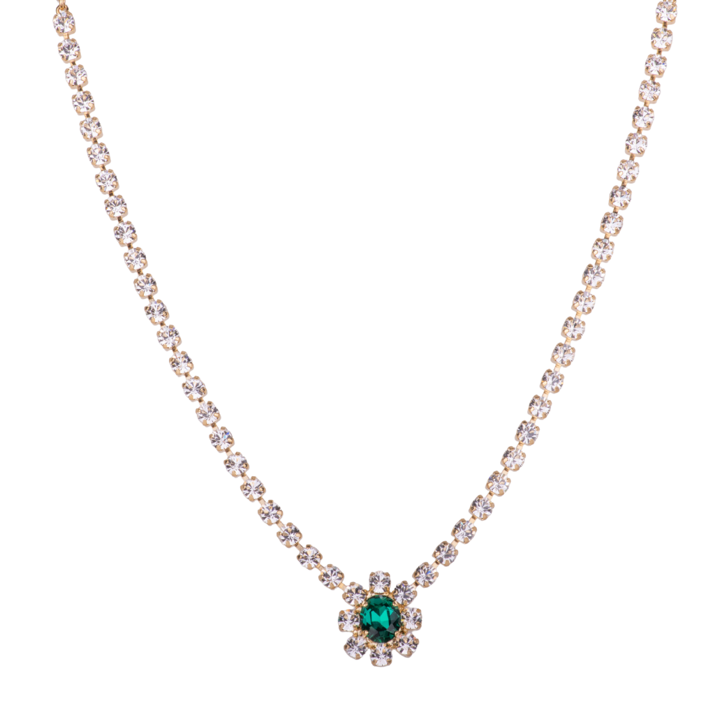 Small Necklace with Large Halo Center in "Emerald Eve" - Yellow Gold