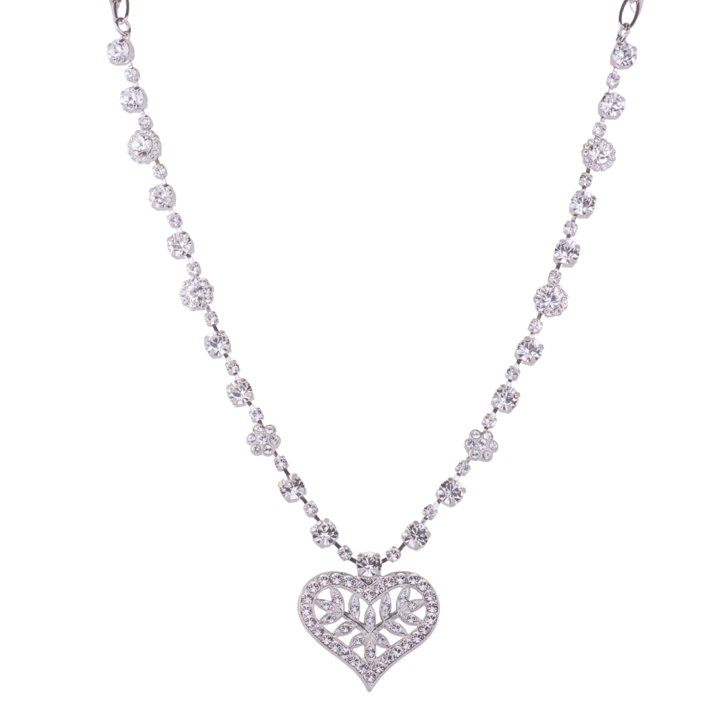 Ornate Heart Pendant with Elemental Chain in "On a Clear Day" - Rhodium