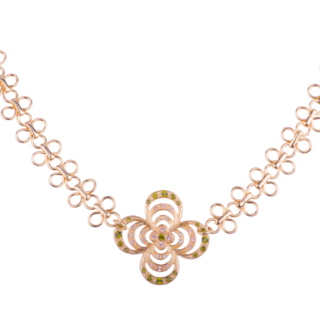 Large Clover Necklace with Loop Chain in "Olive Garnish" - Yellow Gold