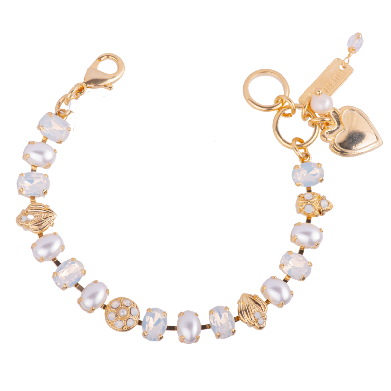 Small Oval & Round Bracelet "White Opal and Pearl" - Yellow Gold