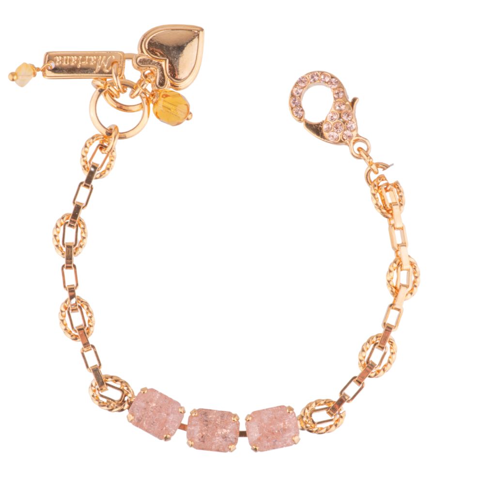 Triple Emerald Stone Bracelet on a Decorated Rectangle Chain in "Peach ICE" - Yellow Gold