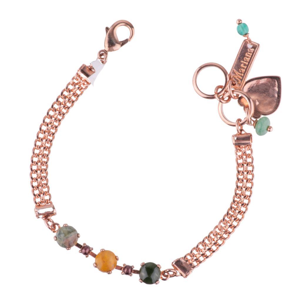 Interchanging Stone Bracelet with Double Wheat Chain in "Evergreen" - Rose Gold