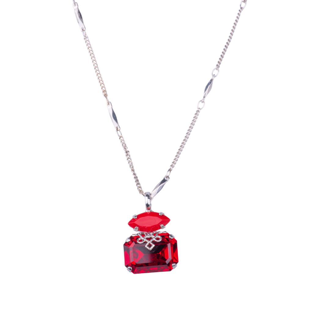 Decorated Marquise and Emerald Pendant in "Ruby" - Rhodium