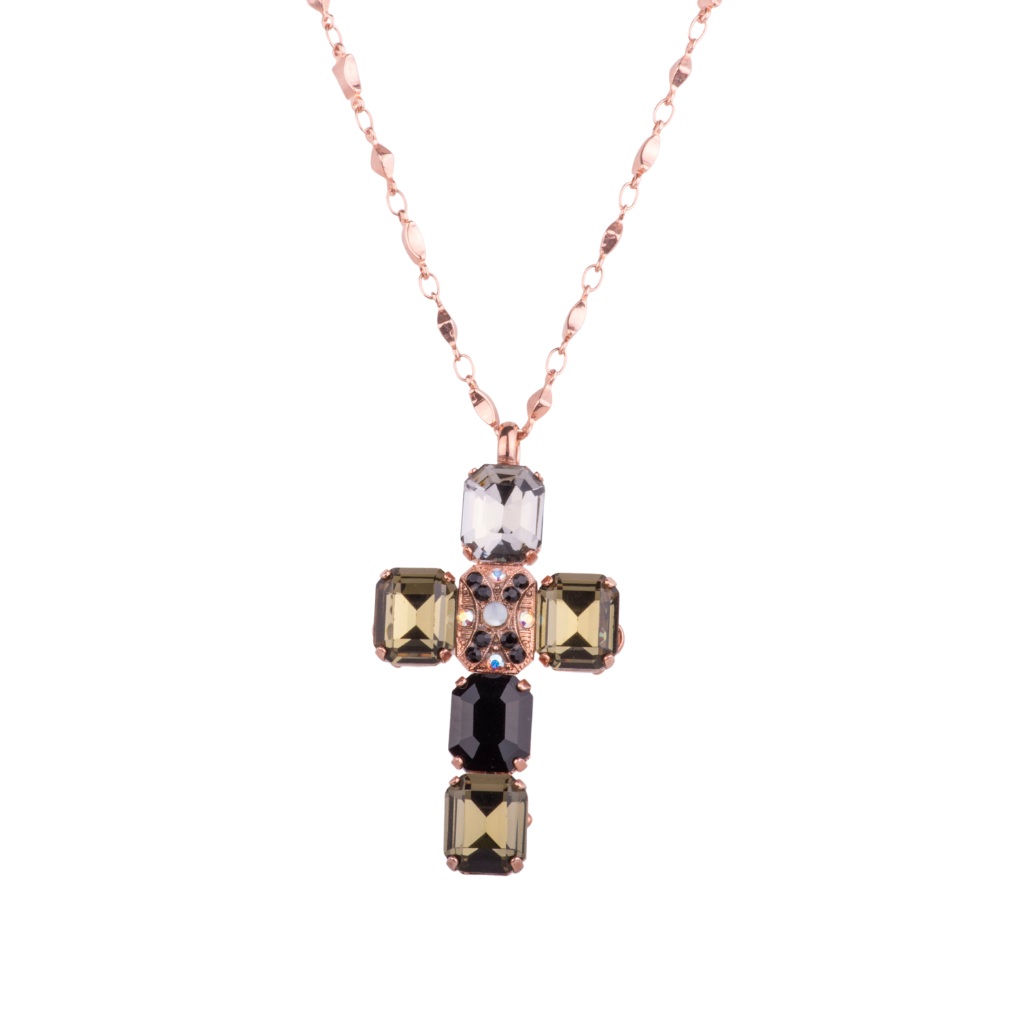 Large Emerald Cut Cross Pendant in "Obsidian Shores" - Rose Gold