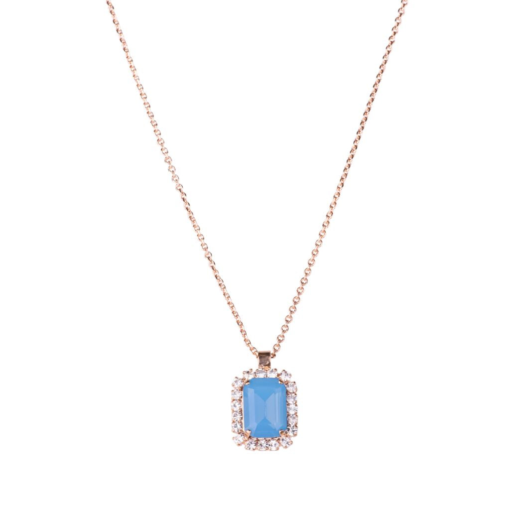 Emerald Cut Halo Pendant in "Light Sapphire" - Rose Gold
