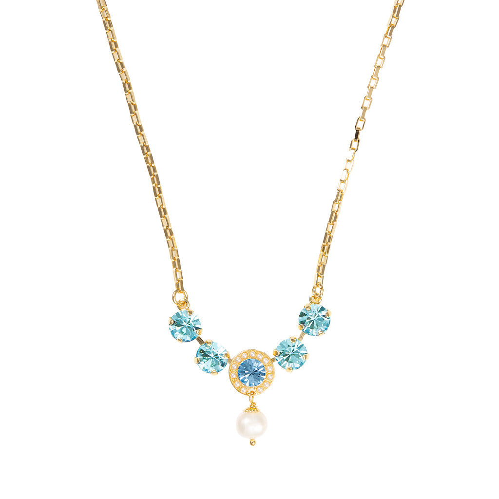 Five Stone Halo Pendant with Dangle in "Aquamarine and Pearl" - Yellow Gold
