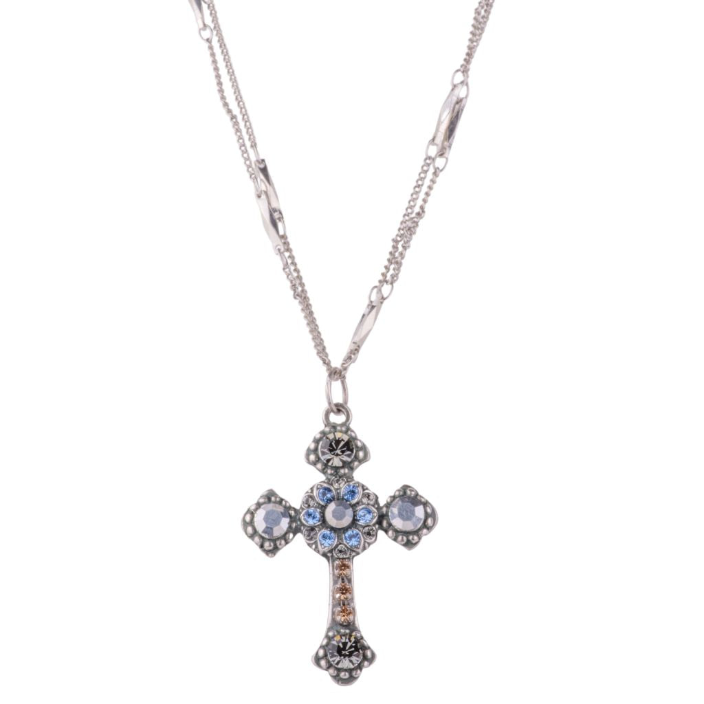 Flat Cross Pendant in "Morning Mist" - Antique Silver