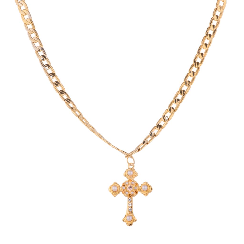 Flat Cross Pendant with Curb Chain in "Desert Rose" - Yellow Gold