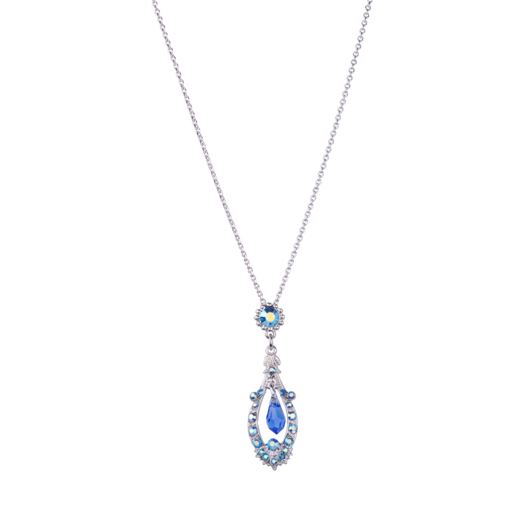 Open Oval Pendant with Dangle Briolette in "Sapphire Aurora Borealis" - Rhodium